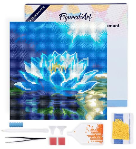 Figured'Art Mini Diamond Painting Erwachsene 25x25cm Mit Rahmen Ganze Leinwand gespannt Glänzende Weiße Lotusblume 5D Bilder Runde Steine - DIY Set Basteln