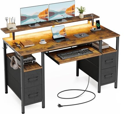 Seventable Computertisch 120 cm mit LED-Leuchten und Steckdosen, Home-Office-Schreibtisch mit 4 Schubladen, Schreibtisch mit Tastaturablage, Arbeitsschreibtisch mit Monitorständer (Vintagebraun)