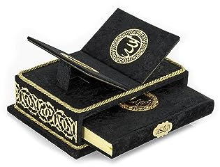 ihvan Online, The Holy Quran Gift Set, Koran Book Stand Holder, Desktop Quran Holder, Rehal, Arabischer Koran, Samt überzogene Truhe, Rihal, Dekorative islamische Geschenke für Muslime, Schwarz