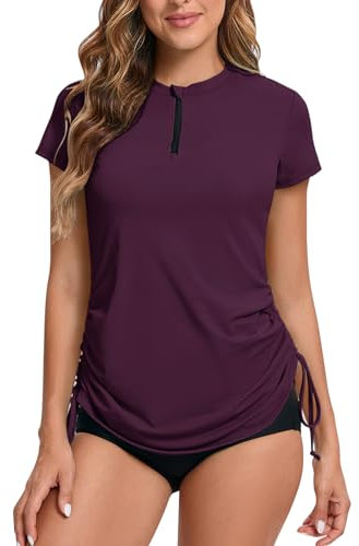 Camiseta de surf para mujer, manga corta, cremallera 1/4, protección UV, con dobladillo ajustable, UPF 50+, fucsia, XL