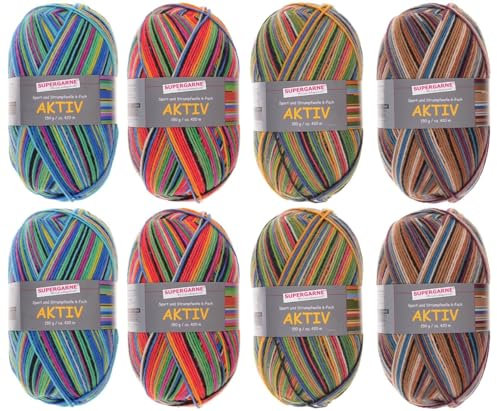 SUPERGARNE Sockenwolle Aktiv 6-fädig - 1200 g (8x150g), Strapazierfähig, Maschinenwaschbar, Made in EU, Ideal für Socken und Strickprojekt (PERU)