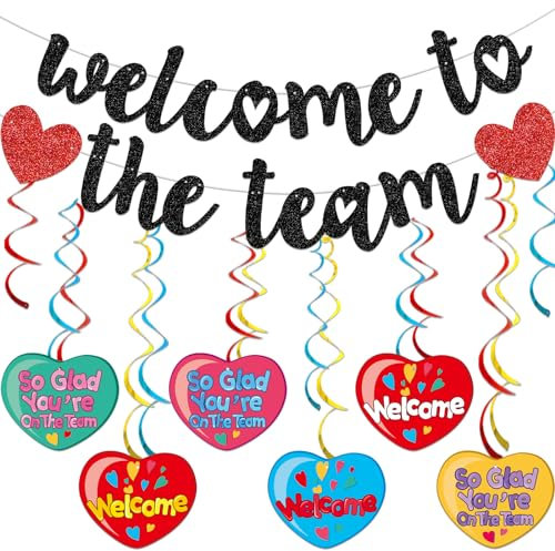 Schwarzes Glitzer-Banner Welcome to the Team, hängende Wirbel, Schild, Dekorationen für neue Mitarbeiter, Kollegen, Lehrer, Kollegen, Mitarbeiter, Teammitglied, Büroparty
