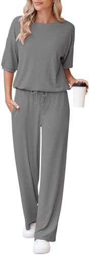 AOHITE 2-teiliges Damen-Outfits, Lounge-Set, kurzärmelig, Pullover, Tops, elastisch, weites Bein, Jogginganzug, Trainingsanzug, Grau, M