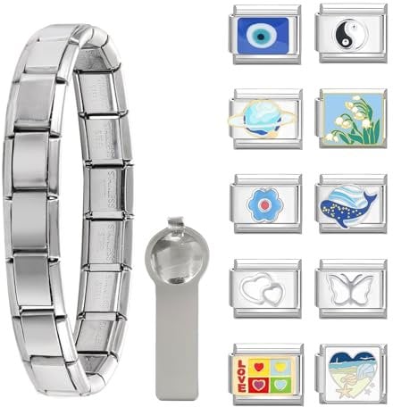 papasgix Italian Charm Bracelet Set with Starter Bracelet, Assorted Charms and Opening Tools, 9mm Modular Charm Bracelet Links DIY Jewelry Gifts (12pcs Silver Blue)