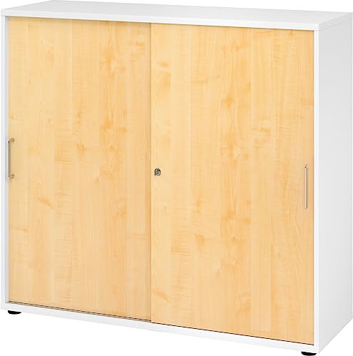 bümö Schiebetürenschrank 3OH - Aktenschrank abschließbar, Sideboard Schrank mit Schiebetüren in Weiß/Ahorn, Bügelgriff - Büroschrank aus Holz mit Schiebetür, Büro Kommode für Ordner & Co.