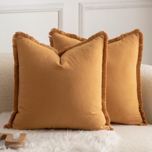 Mandioo 2er Set neutralen Baumwolle Quasten Kissenbezug 60x60cm Dekorative Kissenbezüge Dekokissen Boho Sofakissen Kissenhülle für Couch Sofa Schlafzimmer Wohnzimmer Heimdekoration Orange Braun