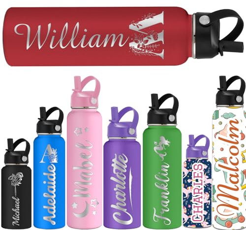ShAxzHen Personalised Water Bottles for Kids with Straw Lid 40/32/24/18/12oz Custom Insulated Water Bottle Stainless Steel with Name Logo Customised Engraved Cups for School Sport Gym Initials Red