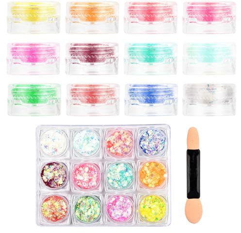 Paillettes de Corps,Lumineuse Paillettes Gel,Paillettes de visage,paillettes chunky,12 Couleurs Maquillage Fluorescent Paillette Set pour Visage,les ongles et la peinture, Cheveux,Halloween,Fête,Noël