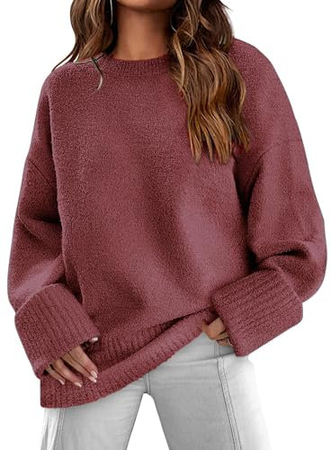 Jhsnjnr Maglione oversize da donna a maniche lunghe largo, lavorato a maglia, girocollo, maglione morbido, Fucsia, S