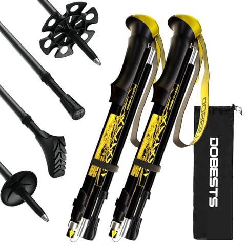 DOBESTS Wanderstöcke, Nordic Walking Stöcke Aluminium, mit extra Gummipuffer und Tragebeutel, Faltbare Leichte Trekkingstöcke für Damen und Herren, Wanderstock Verstellbar 110cm-130cm, Schwarz/Gelb