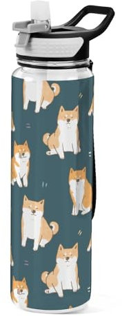 Mnsruu Transparente Sport-Wasserflasche mit Strohhalm, auslaufsichere Trinkflasche, niedlicher Shiba-Inu-Welpe, dunkelgrüne Fahrradflaschen für Sport, Büro, Schule, BPA-freier Tritan-Kunststoff, 1