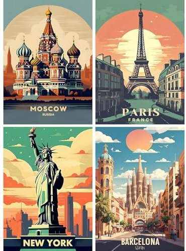 SHEGZHUC 4 Pack Diamond Painting Stadt Poster 30x40cm Diamond Painting Landschaft Reiseposter Diamond Painting Vintage Poster Diamant Malerei Kunst Stickerei Kreuzstich Bilder Geschenk Wanddekoration