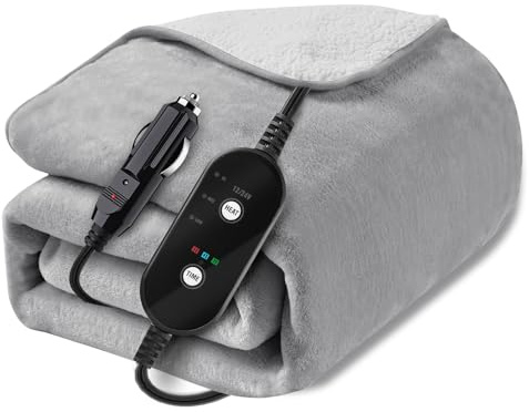 Sino Salected 12 V/24 V beheizte Autodecke, Heizdecke, Flanell, Heizdecke für Auto, SUV, Wohnmobil, Camping, 152,4 x 111,8 cm, Hi/M/Lo-Heizeinstellungen, Auto-Off-Timer, Grau
