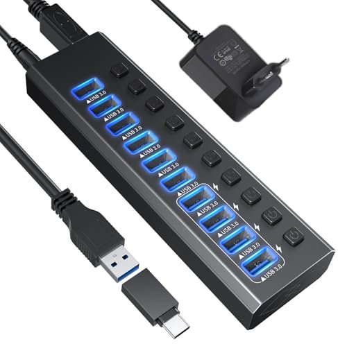Hub USB 3.0 in alluminio, 10 porte, hub dati USB 3.0 con adattatore di alimentazione da 12 V/4 A (48 W) e interruttori on-off individuali e LED