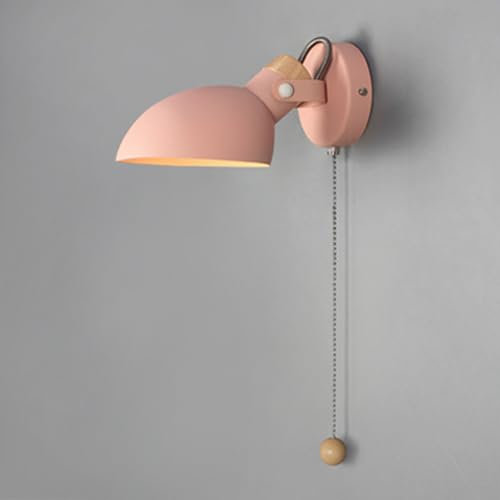 TZSMUM Innen Wandlampe mit Zugschalter Wandleuchte Vintage Stil Holz und Metall Wandbeleuchtung Retro Industrie Schwenkbar E14 für Schlafzimmer Eingang Wohnzimmer (Rosa,Warmes Licht)