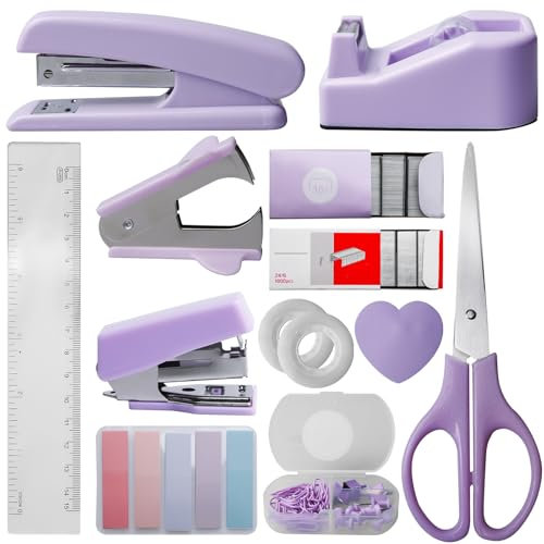 Büroartikel Set, Lila Schreibtischzubehör 10 Kit, Schreibtisch Set mit Entklammerer, Heftklammern, Heftklammerentferner, Tesafilm Abroller, Schere, Bandmaß, Allzweckmesser, Clip, Haftnotizen