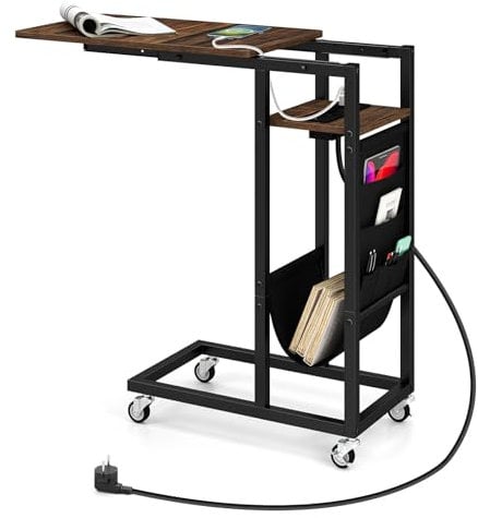 COSTWAY Beistelltisch C-förmig mit Ladestation, Sofatisch mit ausziehbarer Tischplatte & Seitentasche, Couchtisch mit Rollen, Kaffeetisch industriell für Wohnzimmer, Schlafzimmer (Braun)