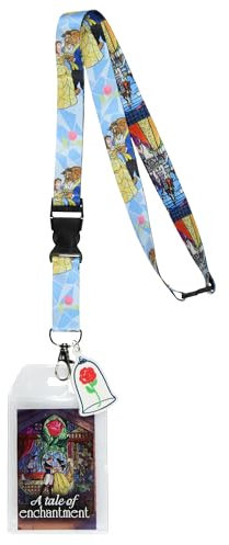 Disney Cordon avec porte-badge et breloque en caoutchouc rose de 5,1 cm La Belle et la Bête