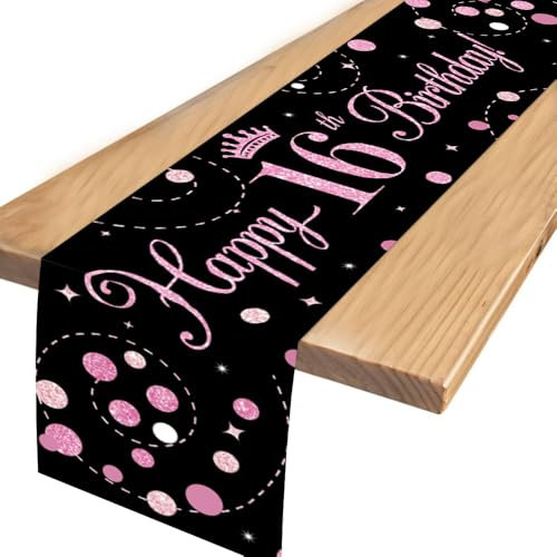 Senken Tischläufer Geburtstag-16. Geburtstag Mädchen,Tischläufer Schwarz Rosa,Sweet 16, Happy Birthday Deko,Geburtstagsdeko,für Mädchen Frauen Geburtstag Party Dekoration 180 x 35cm