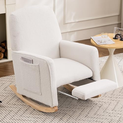 DEKKETO Teddy Schaukelstuhl mit Hocker, Bequem Schaukelsessel mit Fußstütze, Stillsessel zum Stillen, Relaxsessel für Wohnzimmer Innen, Weiß
