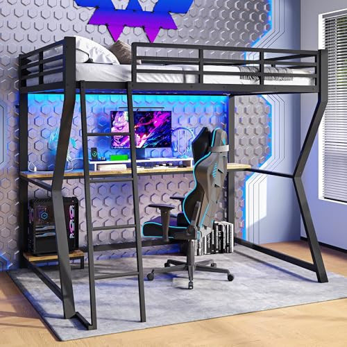Merax Hochbett mit Schreibtisch 90x200 cm, Kinderbett Stockbett mit fernbedienbarem Ambientelicht, Steckdose + USB, Metallbettgestell mit Sicherheitsgeländer und Leiter für Kinder/Erwachsene, Schwarz