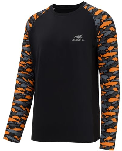 BASSDASH LSF 50 Angel-T-Shirt für Herren, Camouflage, langärmelig, schnell trocknende Sweatshirts, Schwarz/Schwarz und Orange Fische, Mittel