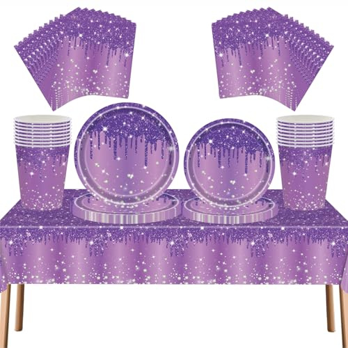 69pcs Purple Diamond Theme Disposable Party Tableware Set | Glitter & Sparkle Purple Paper Plates, Cups, Napkins & Tablecloth | Elegant Dinnerware for Women & Girls Birthdays, Weddings, Baby Showers