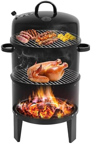 3 in 1 Räuchertonne Smoker Grill Ø 40 cm, Holzkohlegrill mit Thermometer und Deckel, 2 Ebenen, BBQ Räucherofen zum Grillen, Räuchern, Schmoren