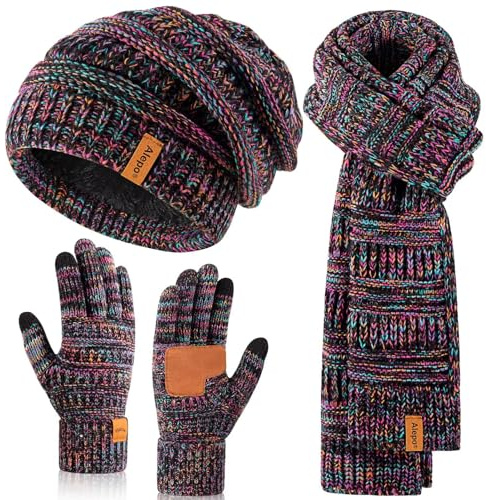 Alepo Mütze Schal Handschuhe Set Damen, Slouchy Mütze Damen Winter Langer Schal Touchscreen Handschuhe Warmes 3-in-1 Weihnachtsgeschenke Set