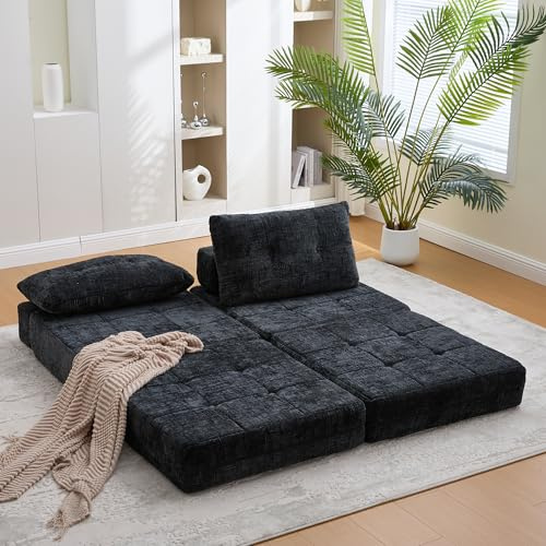 GigaXynium Klappbares Schlafsofa, Schlafsofa mit Kissen, Faltbare Matratze mit Rückenlehne, tragbares Klappsofa, bequemes Bodensofa für Wohnzimmer und Schlafzimmer (Schwarz)