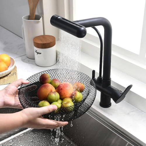 Rubinetto 3 Vie per Depuratore Nero con Doccetta Estraibile, girevole 360°, compatibile filtro sottolavello/RO, miscelatore lavello cucina a doppia uscita per acqua potabile e calda/fredda