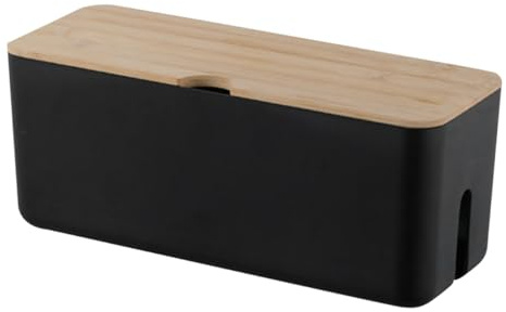 POPETPOP Kabelbox mit Bambusdeckel Kunststoff Kabel Organizer Aufbewahrungsbox Kabelhalter für Ladegerät Stromkabel Wandmontage Kabelmanagement Schwarz