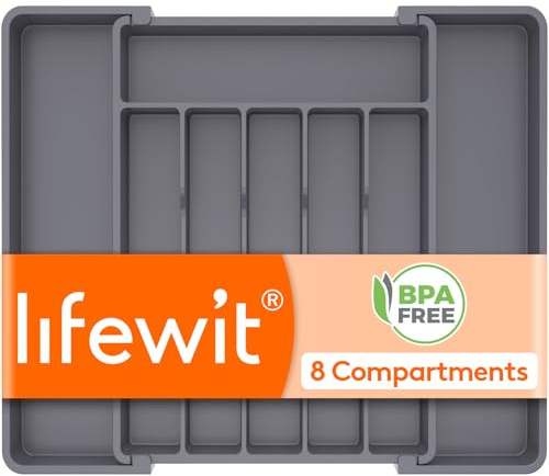 Lifewit Expandable Cutlery Drawer Organiser, 6-8 Compartments Utensil Tray | Adjustable Kitchen Drawer Dividers for Spoons Forks Knives, Plastic Storage Holder, 28-45 x 35 cm, Medium, Dark Grey