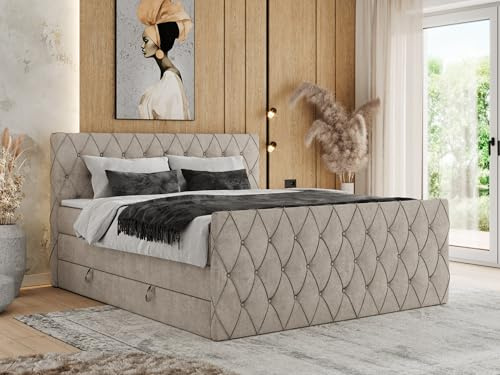 MKS MEBLE Boxspringbett 180x200 cm Miren King Duo mit Bettkasten Stauraum, Polsterbett mit Kopfteil und Fußteil, 7-Zonen Matratze H3 mit Topper Visco - Beige Strukture