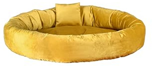 Rohrschneider Kuschelinsel Velvet Haustierbett, Samt, Runde Liegefläche, Herausnehmbares Kissen, Abnehmbar, Antirutsch, mit Dekokissen (Senf, L)
