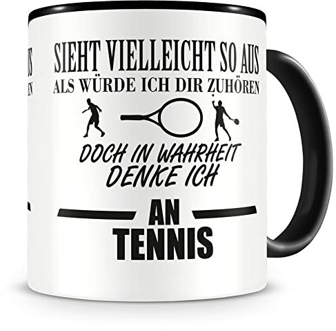 Samunshi® Ich denke an Tennis Tasse Kaffeetasse Teetasse Kaffeepott Kaffeebecher Becher H:95mm/D:82mm schwarz