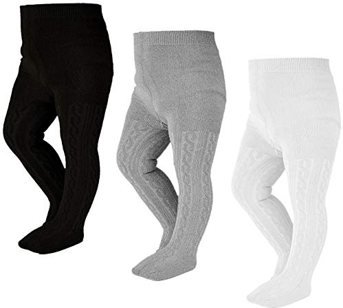 EPEIUS Toddler Tights Thick Seamless Cable Knit Leggings Baby Girl Boy Solid Cotton Stockings Footed Pants 12-24 Months,Black/White/Light Grey (Pack of 3)
