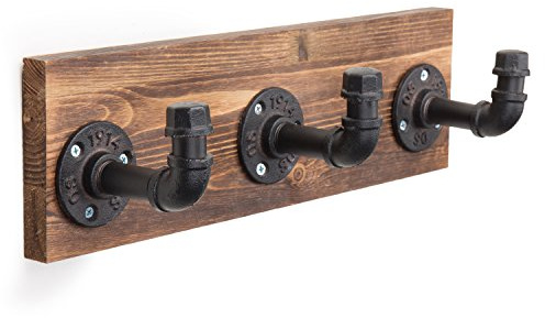 MyGift Burnt Wood Wall Mount Coat Hook Rack and Hat Rack with 3 Hooks Pipe Fixture Design
