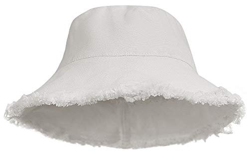 Damen Fischerhut im Used-Look, Sonnenschutz, gewaschene Baumwolle, Sommerhut mit breiter Krempe, Strandkappe (7 1/8 Größe) (Weiß 01), Weiss/opulenter Garten, Einheitsgröße