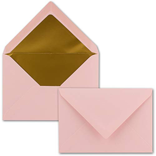 Kuverts in Rosa - 25 Stück - Brief-Umschläge DIN C6-114 x 162 mm - 11,4 x 16,2 cm - Naßklebung - matte Oberfläche & Gold-Metallic Fütterung - ohne Fenster - für Einladungen