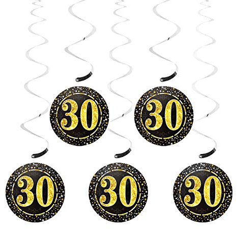 Oblique Unique® 5 Deckenhänger Wirbel Spiral Girlanden mit Zahl 30 Rund Deko für Geburtstag Jubiläum Party Feier UVM. Silber Schwarz Gold