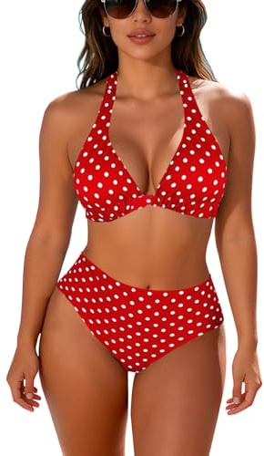 JFAN Bikini 2 Pieces Femme Chic Vintage Maillots de Bain Halter Triangle Top Réglable Taille Haute Push-up Rembourré Exotique,
