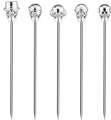 LEE House 5 Piece Cocktail Picks Stainless Steel Skull Tops Martini Picks Reusable Olive Picks (Silver)