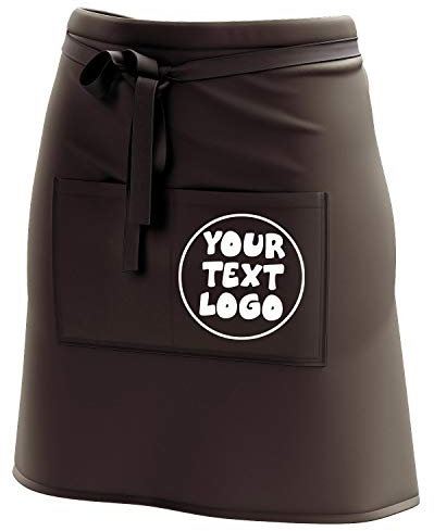 Ferocity Kurze Personalisierte Schürze Kellnerschürze Vorbinder mit deinem Namen Firmenlogo personalisiert mit Taschen für Bistro Restaurant, Braun mit Logo [074]