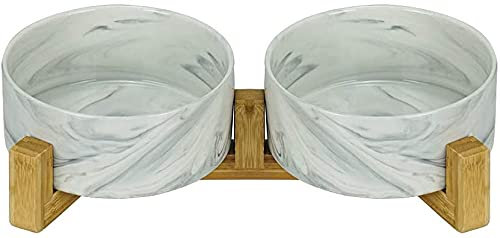 Gamelles pour chiens - Gamelle pour chats - Gamelle pour chiens - Gamelle pour chat - Bol surélevé - Abreuvoir pour chiens - Bols pour chats surélevés, (double 15,5 cm, marbre blanc)