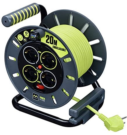 Masterplug Pro-XT 4-fach offene Spiralkabeltrommel mit Griff zum Aufwickeln, Thermoschnitt und Netzschalter, 20 Meter Kabel mit hoher Sichtbarkeit, Grün