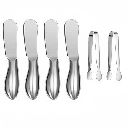 Accfore Streumesser-Set, 6-teiliges Käse- und Butterstreumesser, Mini-Servierzange, Edelstahl-Mehrzweck-Buttermesser (Silber)