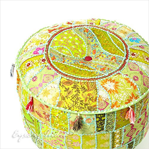 Eyes of India - Bestickter Patchwork-Pouf, rund, Ottomane, Bodensitz, Boho-Chic, Bohemian-Akzent, indisch, handgefertigt (Hellgrün, 43,2 x 30,5 cm)
