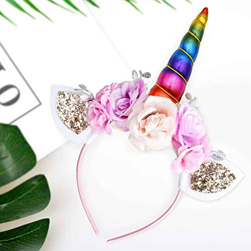 KOOKZ Einhorn Haarreif Mädchen, 1 Stück Blumen Haarreifen mit Ohren und Einhorn Horn, Unicorn Deko Stirnband Kinder Haarschmuck/Head Accessoires für Geburtstag Party Halloween Karneval(Mehrfarbig)