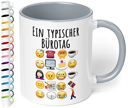 True Statements Lustige Büro Tasse Ein typischer Bürotag - 330ml Keramik Kaffeebecher mit Spruch Emoticon Geschenk Mitarbeiter Kollegen Büro Arbeit Homeoffice Geburtstag Weihnachten (Grau)